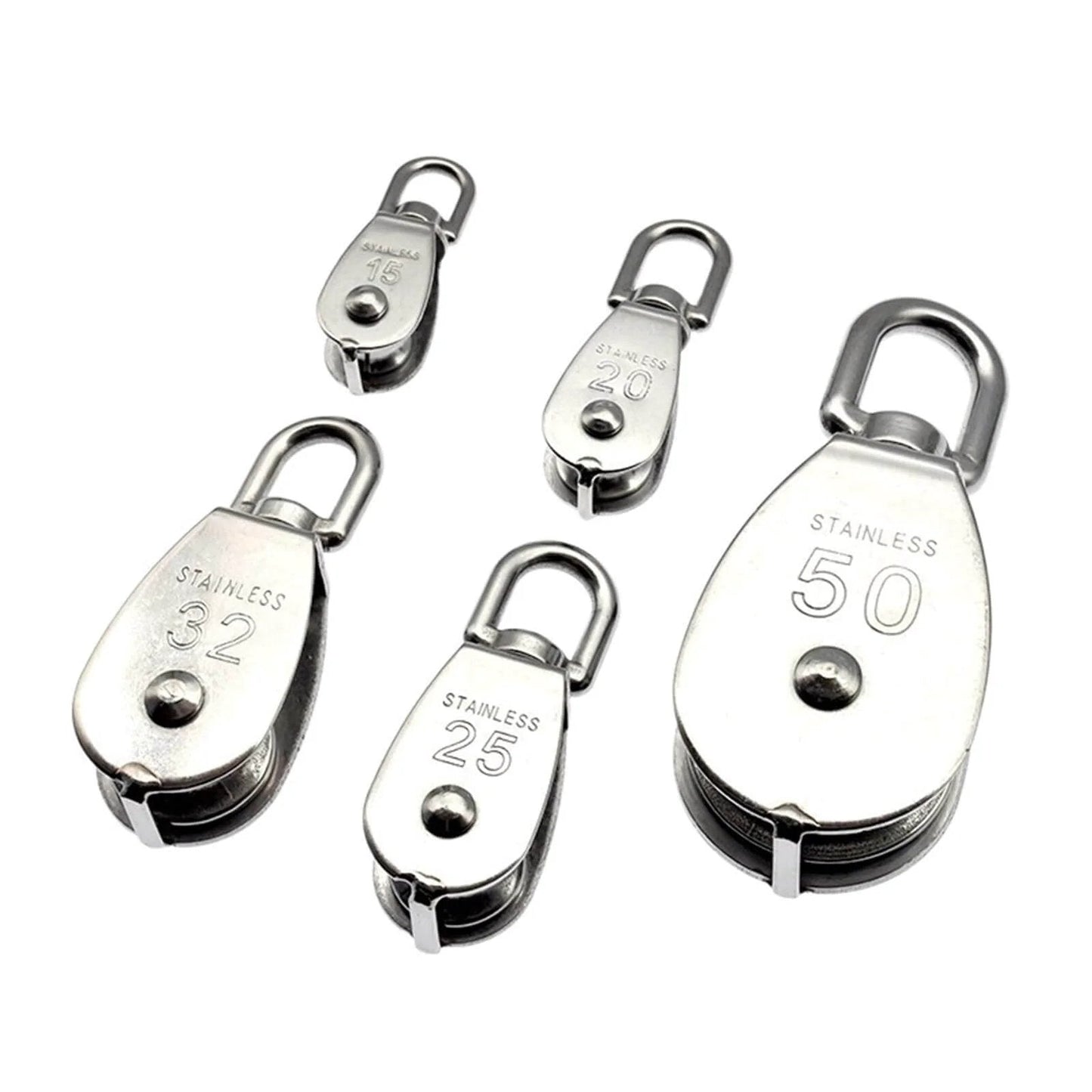 Five stainless steel pulleys of varying sizes, including the M25 Single Wheel Swivel Lifting Rope Pulley.