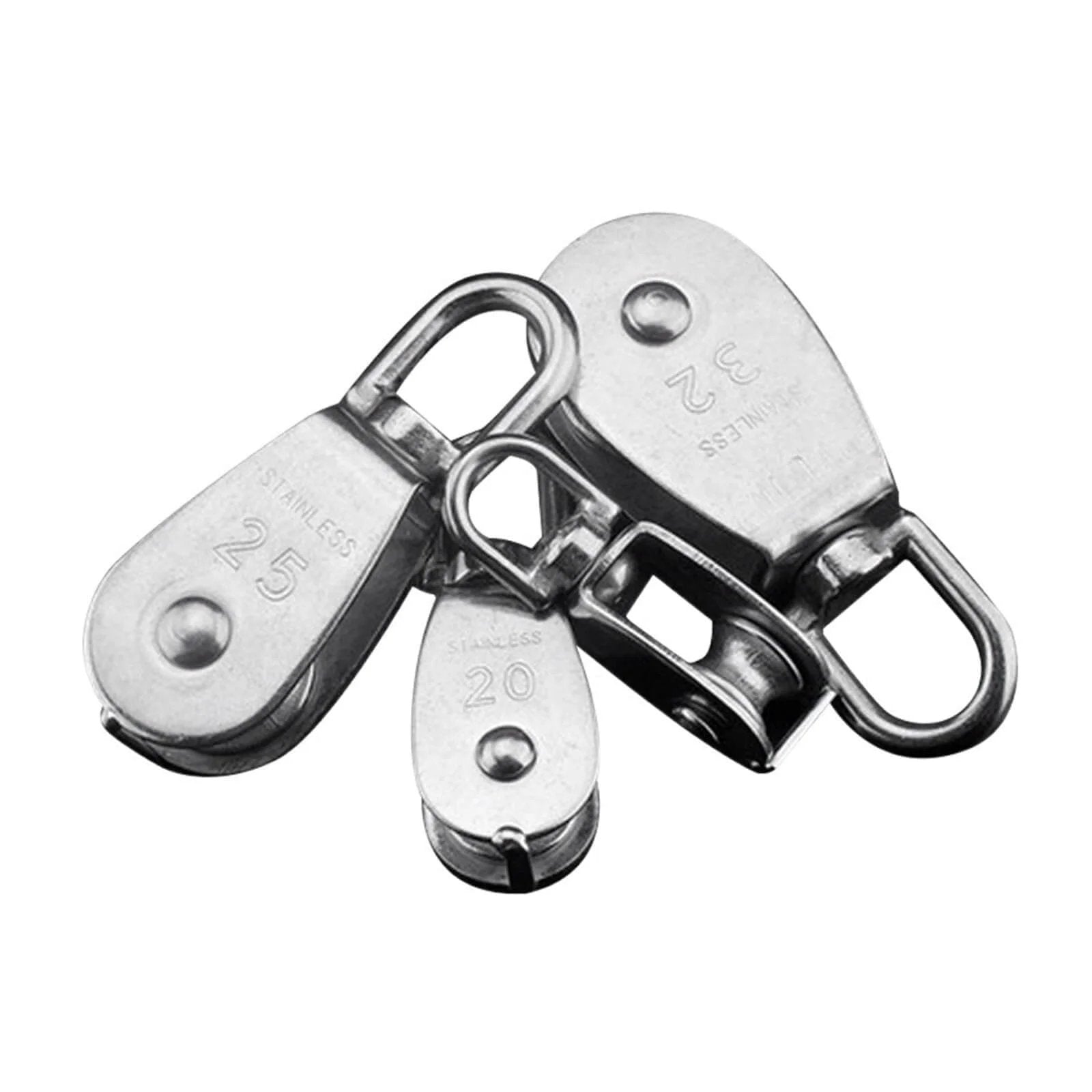 Stainless Steel Pulley M15 Single Wheel Swivel Lifting Rope Pulley Set Lifting Wheel Tools(M15), three pulleys grouped, different sizes visible.