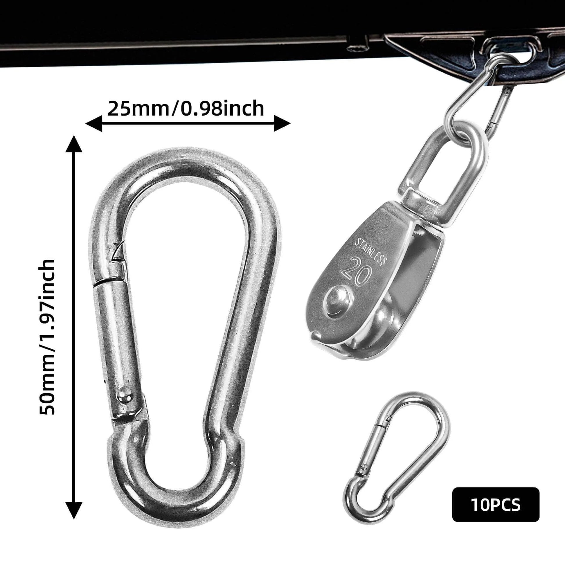 10 Pcs M20 Single Pulley Block 304 Stainless Steel M20 Pulleys for Rope with Snap Hook, showing dimensions and features