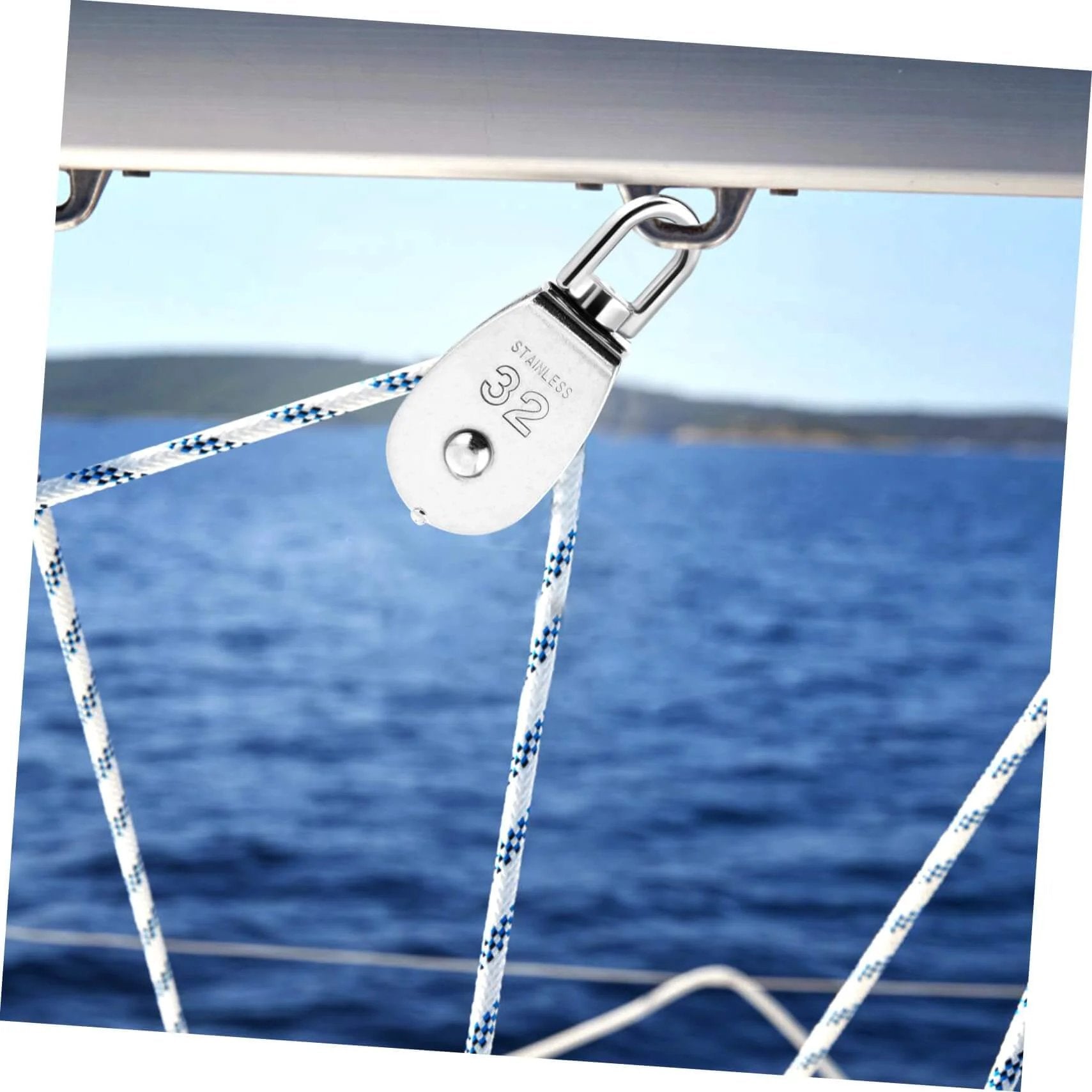 3pcs Stainless Steel Pulley Heavy Duty Single Block Swivel Cable Pulley for Lifting and Rigging Applications installed on boat