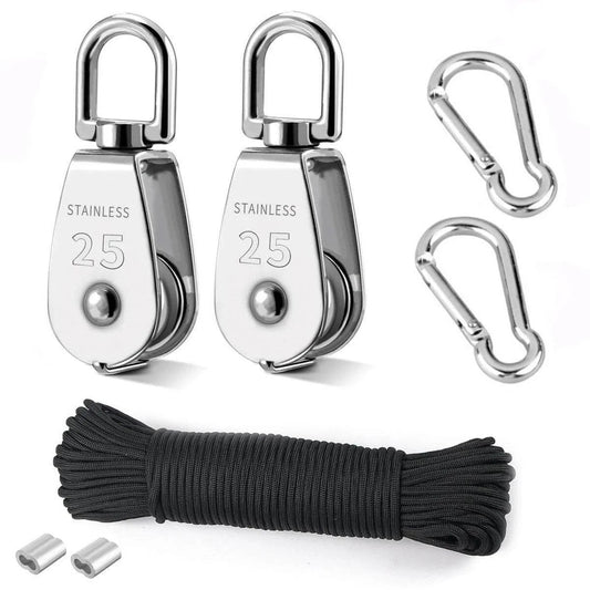 25MM Pulley System, 2 Pcs M25 Pulleys Block with Rope and Hooks, Stainless Steel M25 Single Pulley Wheel, 66ft Nylon Rope & Spring Snap Hook for Indoor Outdoor Lifting Project