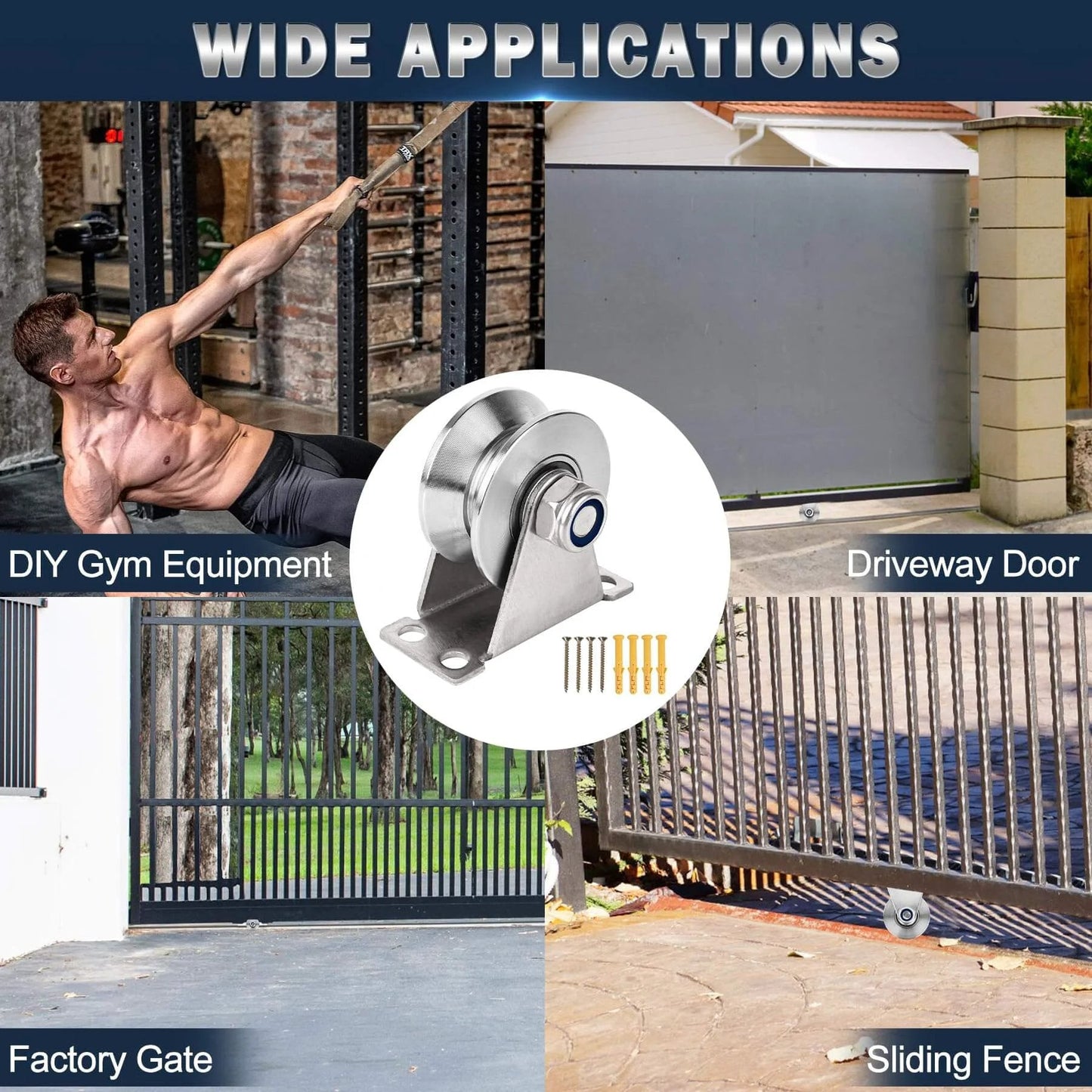 Groove Pulley Wheel for Rope Wall Mounted 2 Pack Stainless Steel Super Silent Cable Pullys Wheels System V Type Blocks Rollers Detachable Duplex Bearing for Gym Equipment Sliding Gate (with Screws) heavy duty stainless pulley wheel for liftin used in gym, gate, and fence applications.