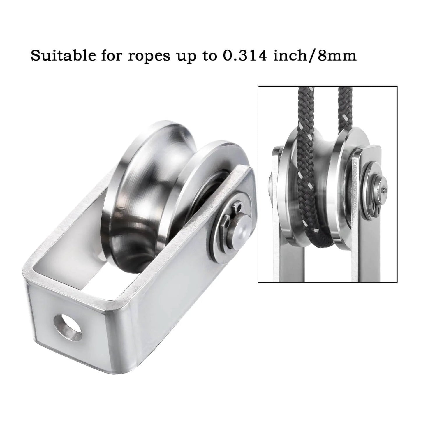 Dual-bearing cable pulley wheel set for rope systems, wall or ceiling mounted, quiet operation using two 608 bearings, stainless steel