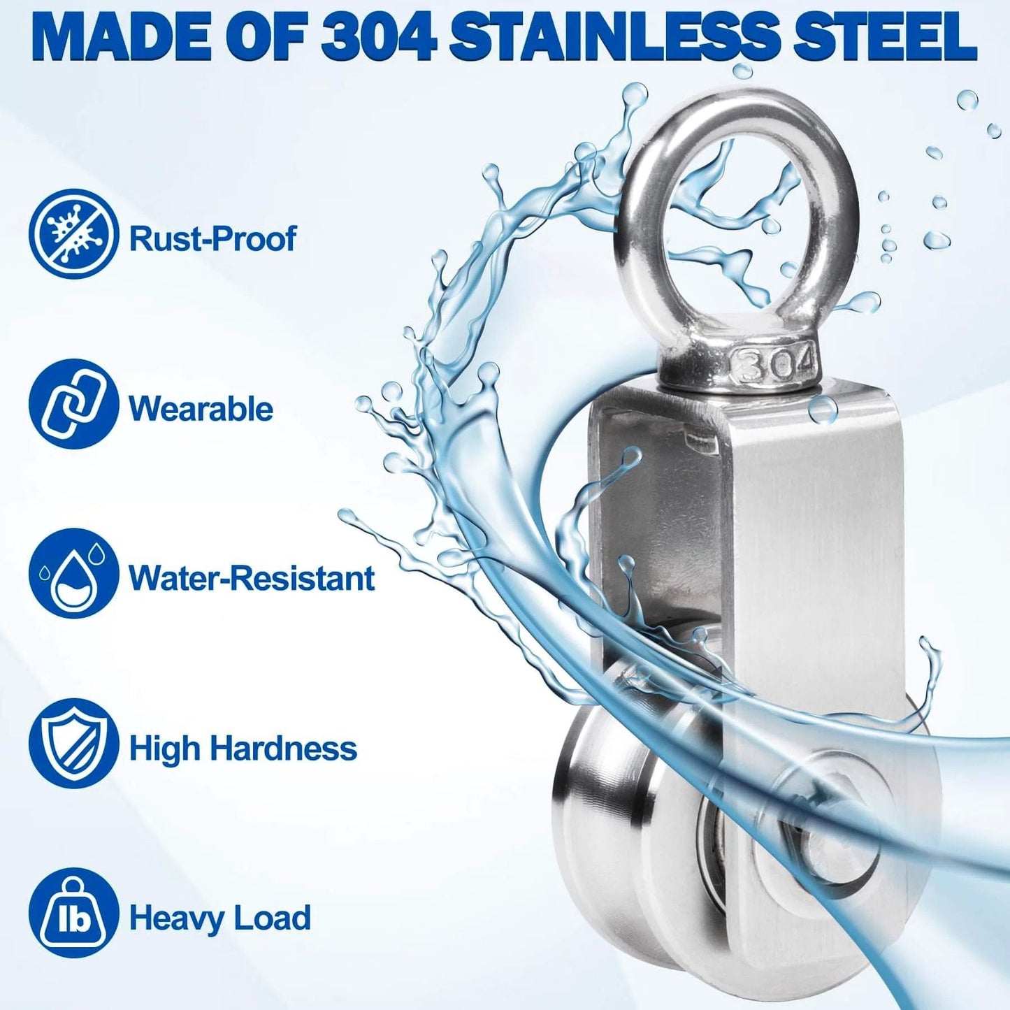 Cable Pulley Wheel Stainless Steel, M34 Single Pulley Snatch Block, Heavy Duty, 304 stainless steel features, with water splash.