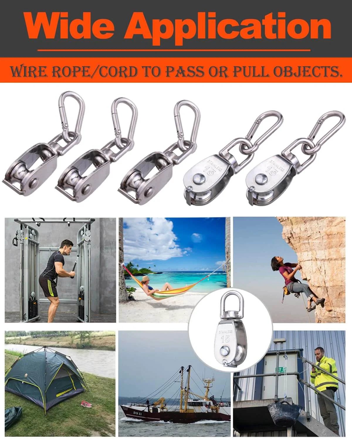 5 Pcs M15 Single Pulley Block, 304 Stainless Steel Lifting Crane Pulley, Wire Rope Hanging Pulley Wheel with 5 Pcs Spring Snap Hook applications