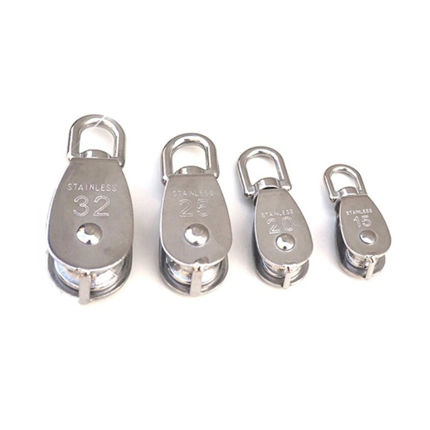 Stainless steel pulleys in various sizes including M20 single wheel pulley for wire rope hoisting, 304 stainless steel body, 360 degree swivel.