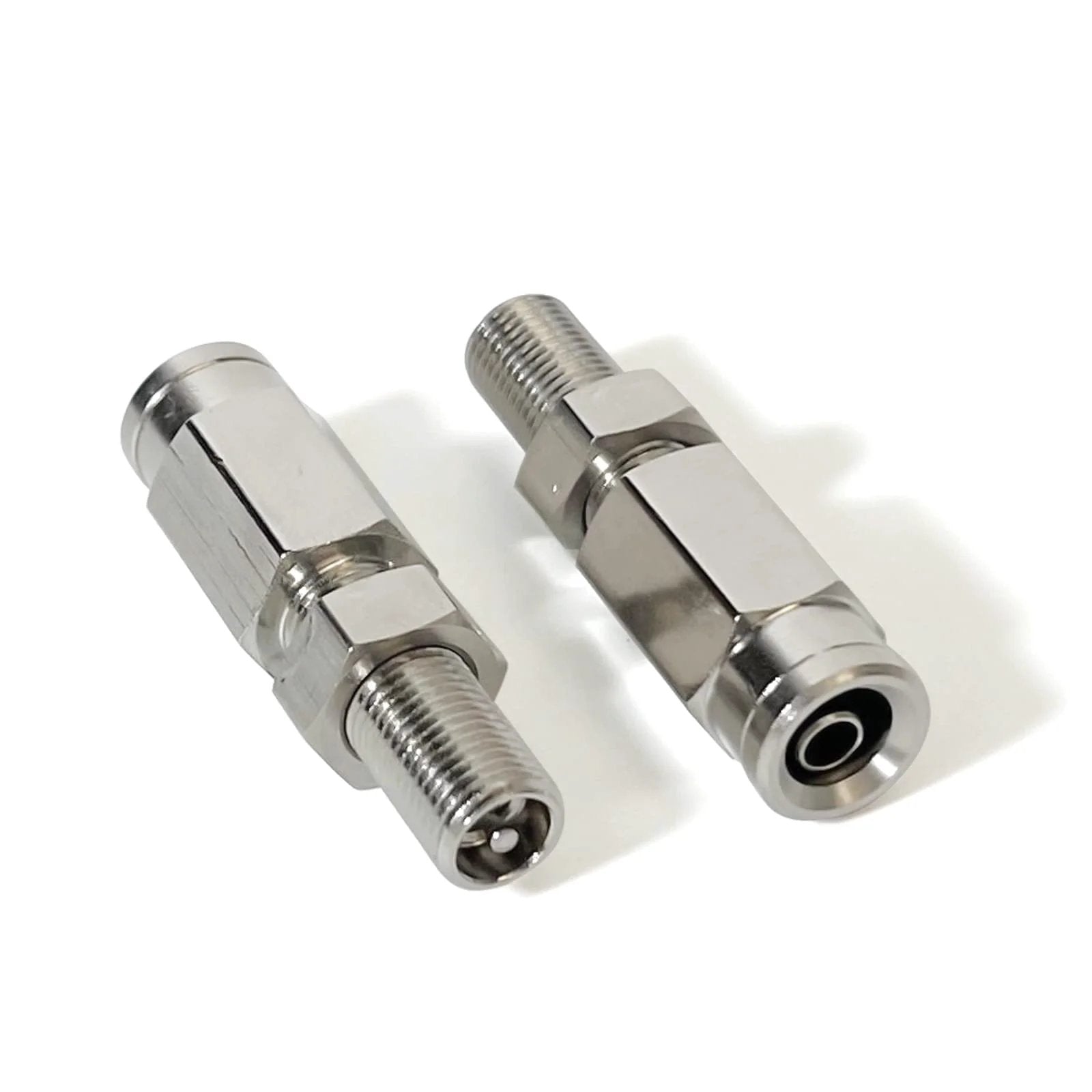 Inflation Schrader Valve With Push To Connect For 1/4 Inch OD Air Line Tubing And Air Ride Suspension On Semi Trucks And Trailers, Brass Fittings, 2 Pack, Easy Manual Inflation Point For Air Spring Bags, silver brass fittings.