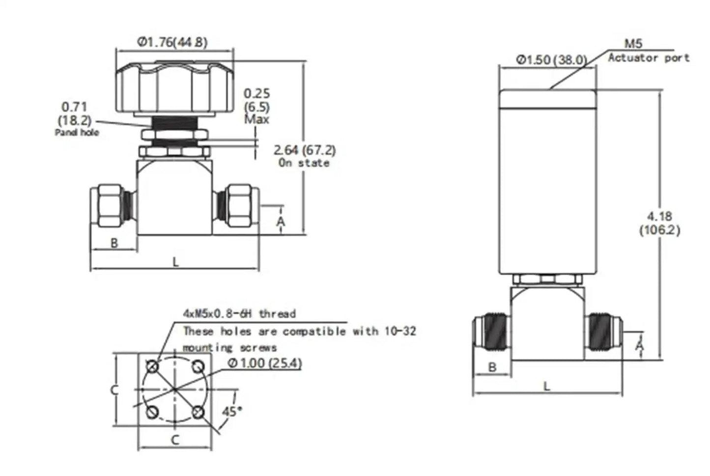 Technical diagram of High Purity Gas Stainless Steel Pneumatic Diaphragm Valve, quarter inch, for lab and industrial settings.