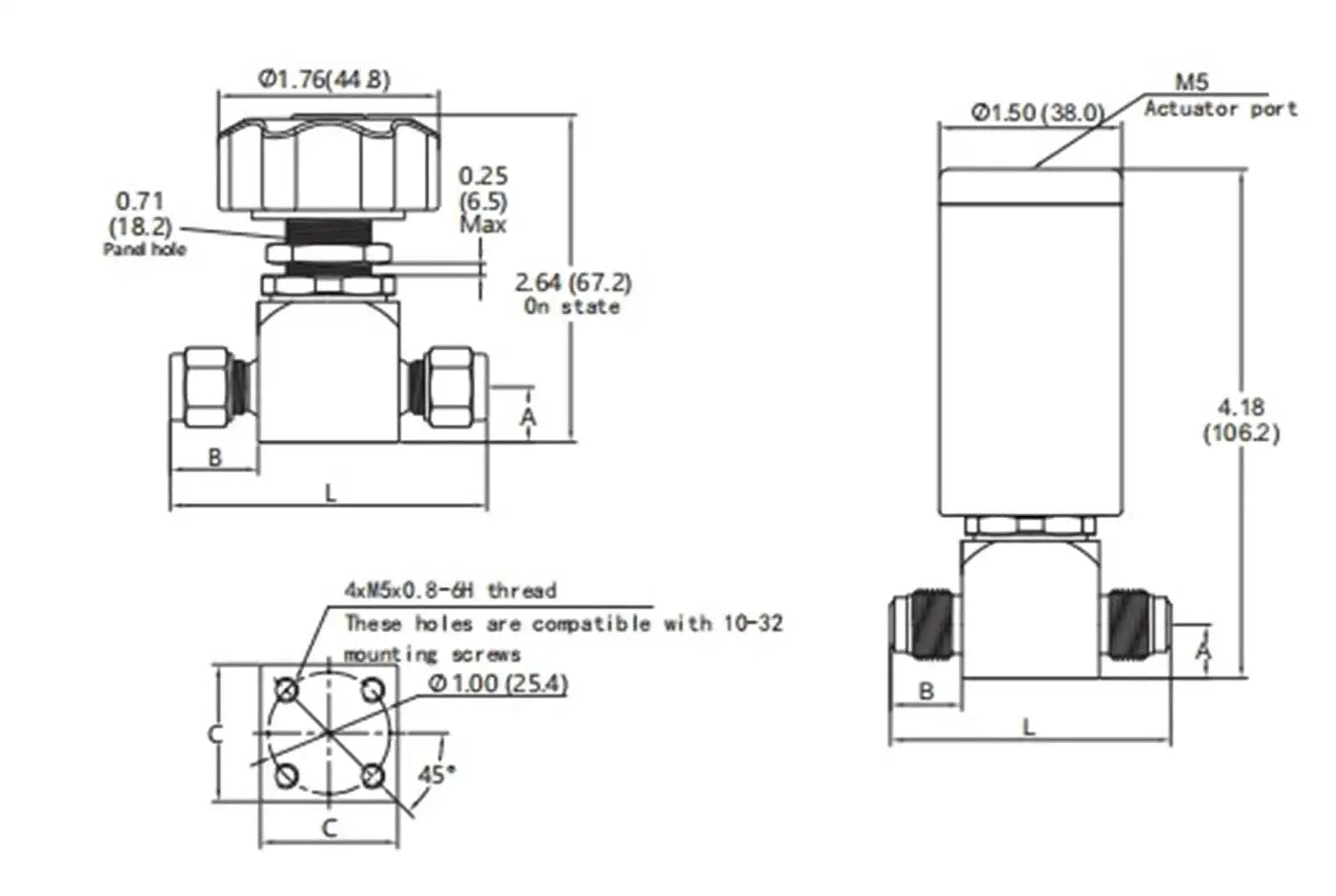 Technical diagram of High Purity Gas Stainless Steel Pneumatic Diaphragm Valve, quarter inch, for lab and industrial settings.