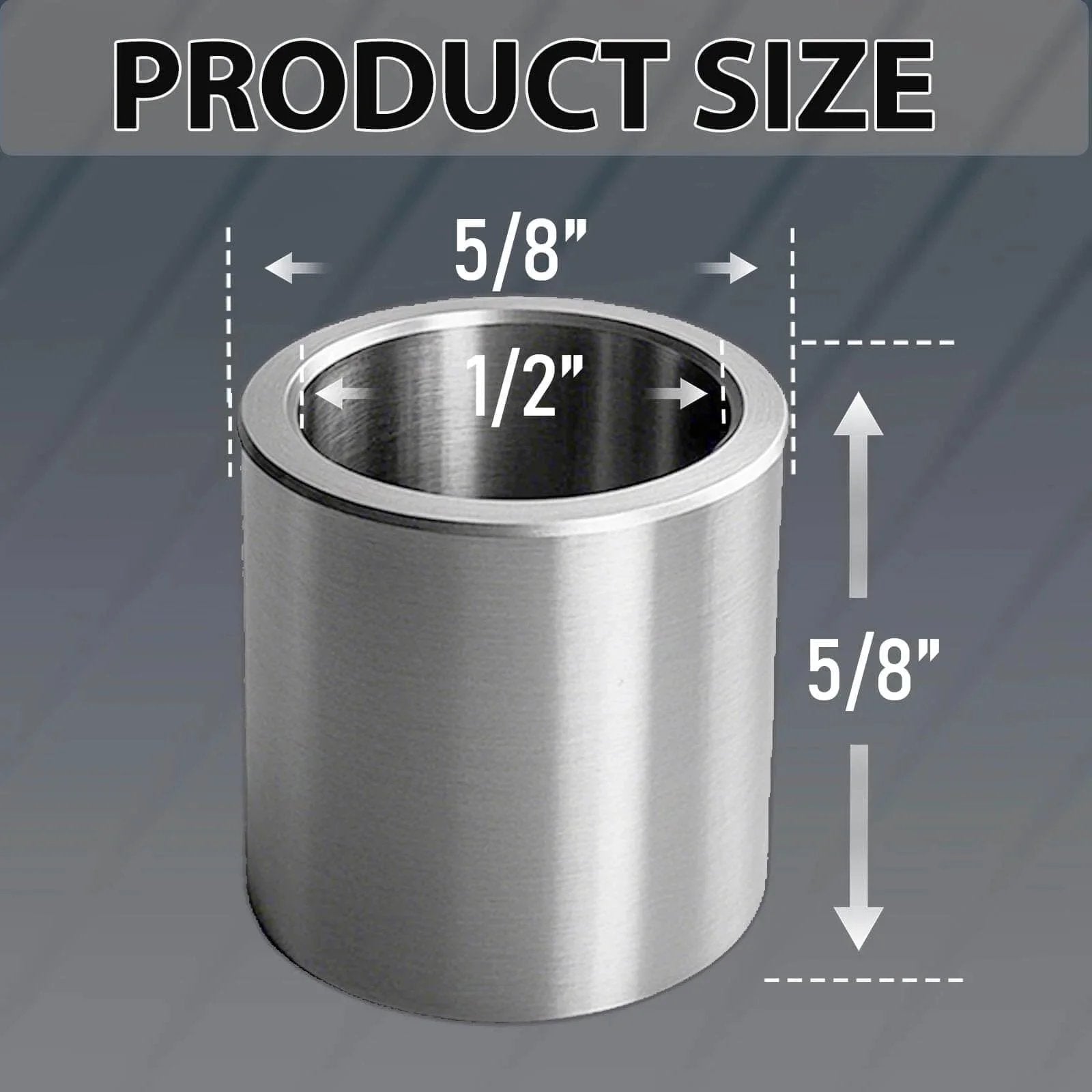 Five Eighth Inch To One Half Inch Stainless Steel Reducer Bushing Set displayed with size dimensions 5/8" and 1/2" measurements.