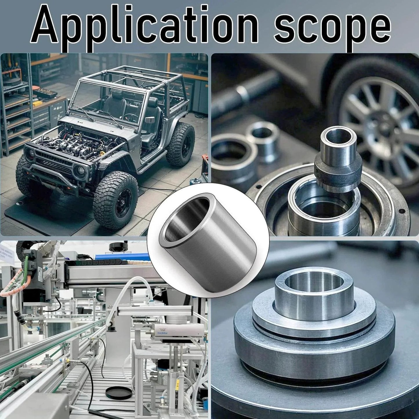 Application scope of Five Eighth Inch To One Half Inch Stainless Steel Reducer Bushing Set Of Ten Round Metal Spacers in machinery and automotive contexts.