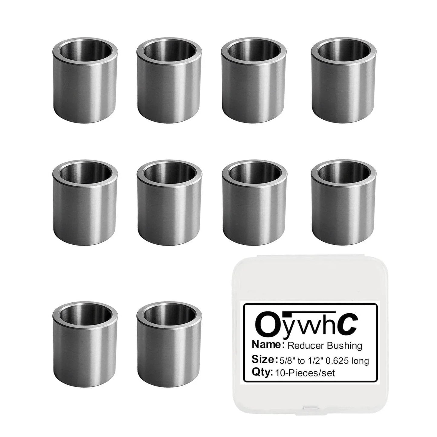 Five Eighth Inch To One Half Inch Stainless Steel Reducer Bushing Set Of Ten Round Metal Spacers on display with packaging
