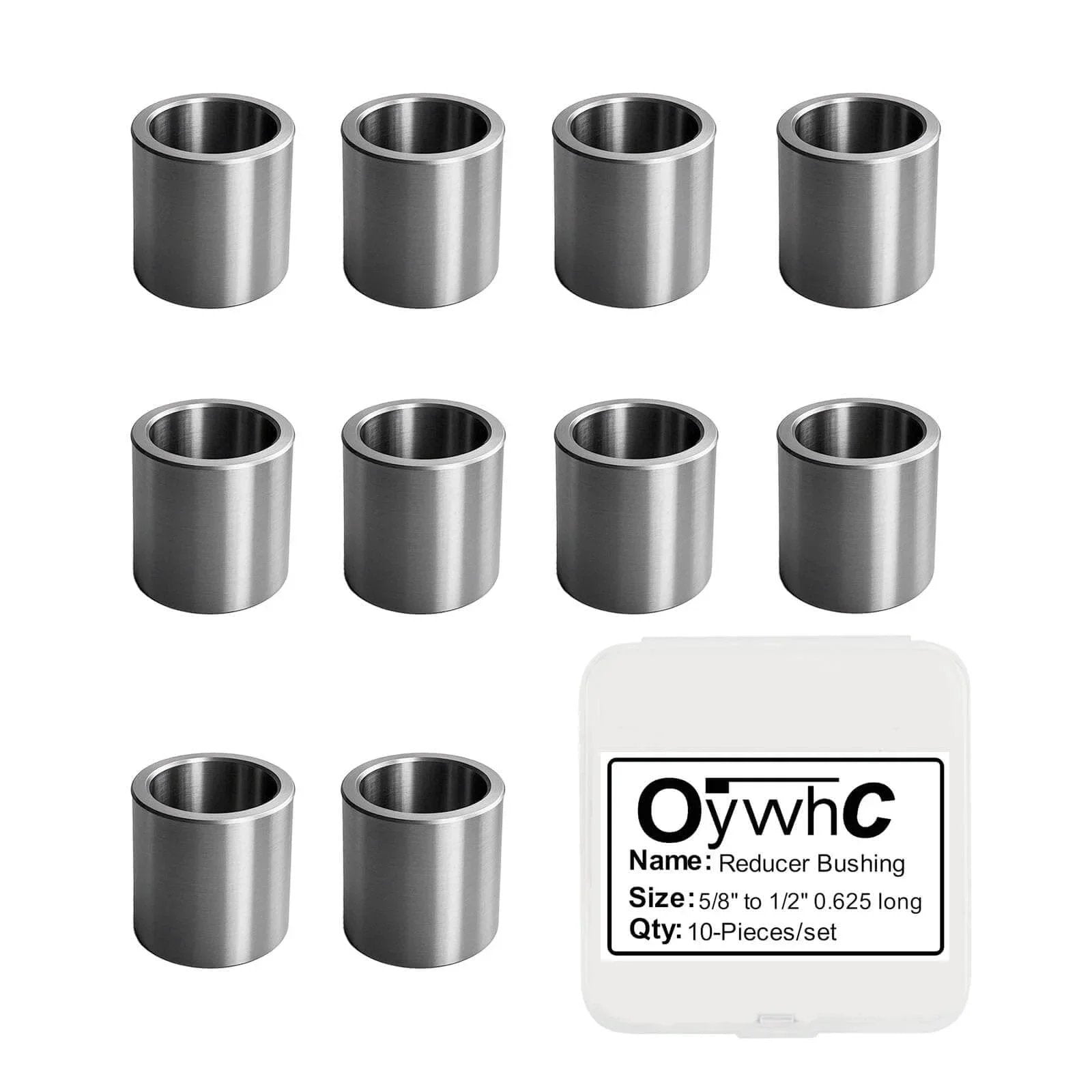 Five Eighth Inch To One Half Inch Stainless Steel Reducer Bushing Set Of Ten Round Metal Spacers on display with packaging