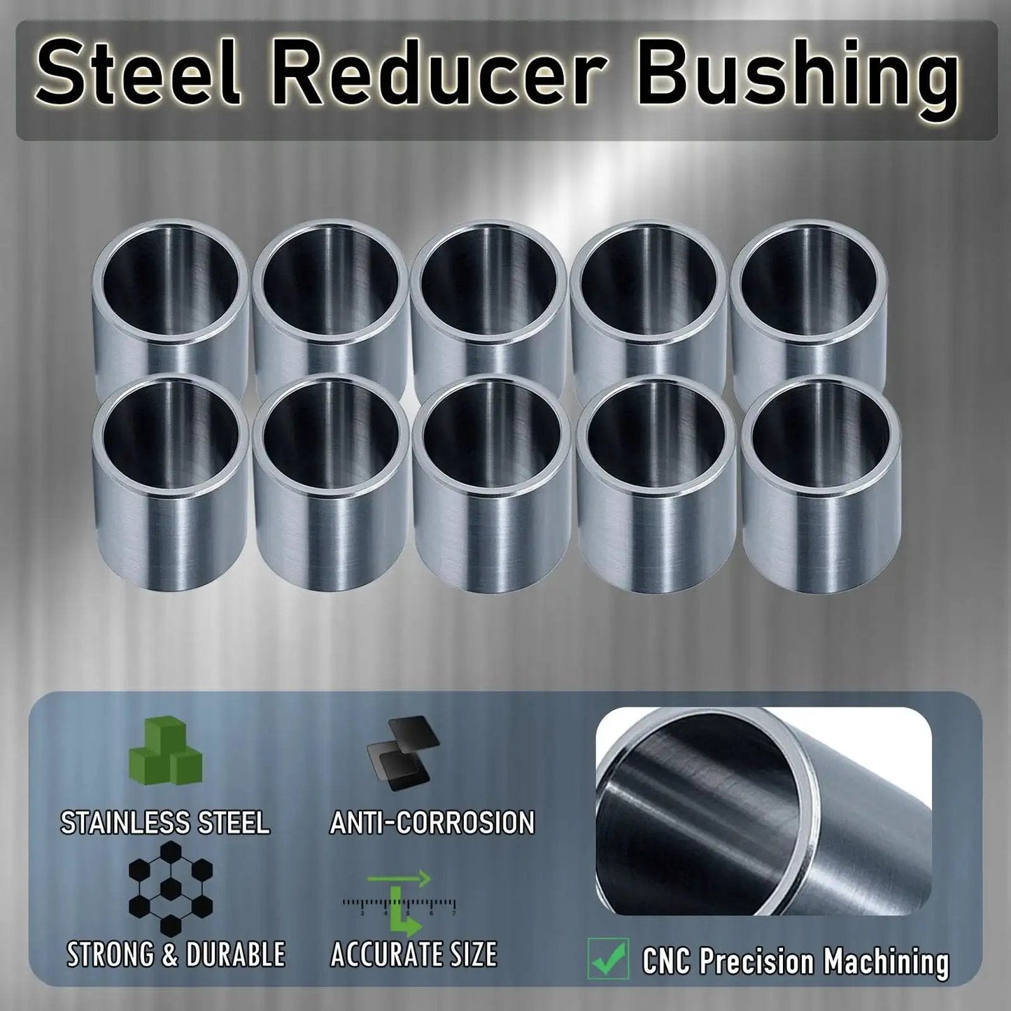 Stainless Steel Reducer Bushings Set Of 10 Three Quarters Of An Inch To Five Eighths Of An Inch Metal Spacer Adapters Close-up