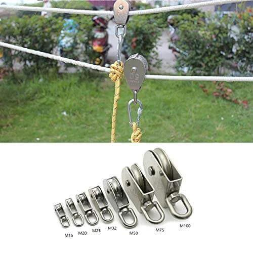 Installed 2-Pack M15 Single Pulley Block Stainless Steel Heavy Duty Hardware Single Wheel Swivel Rigging Lifting Wheel Fixed Pulley for Wire Rope Loading 35kg shown in rope system with various size options M15 to M100 displayed.