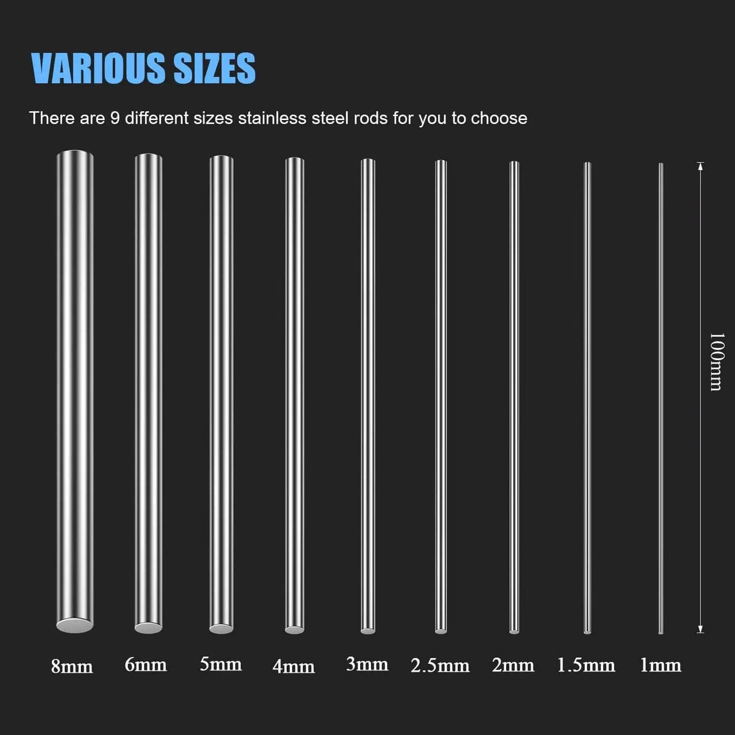 Various sizes of stainless steel rods displayed vertically, highlighting 1.0mm x 100mm and larger sizes for DIY craft making.