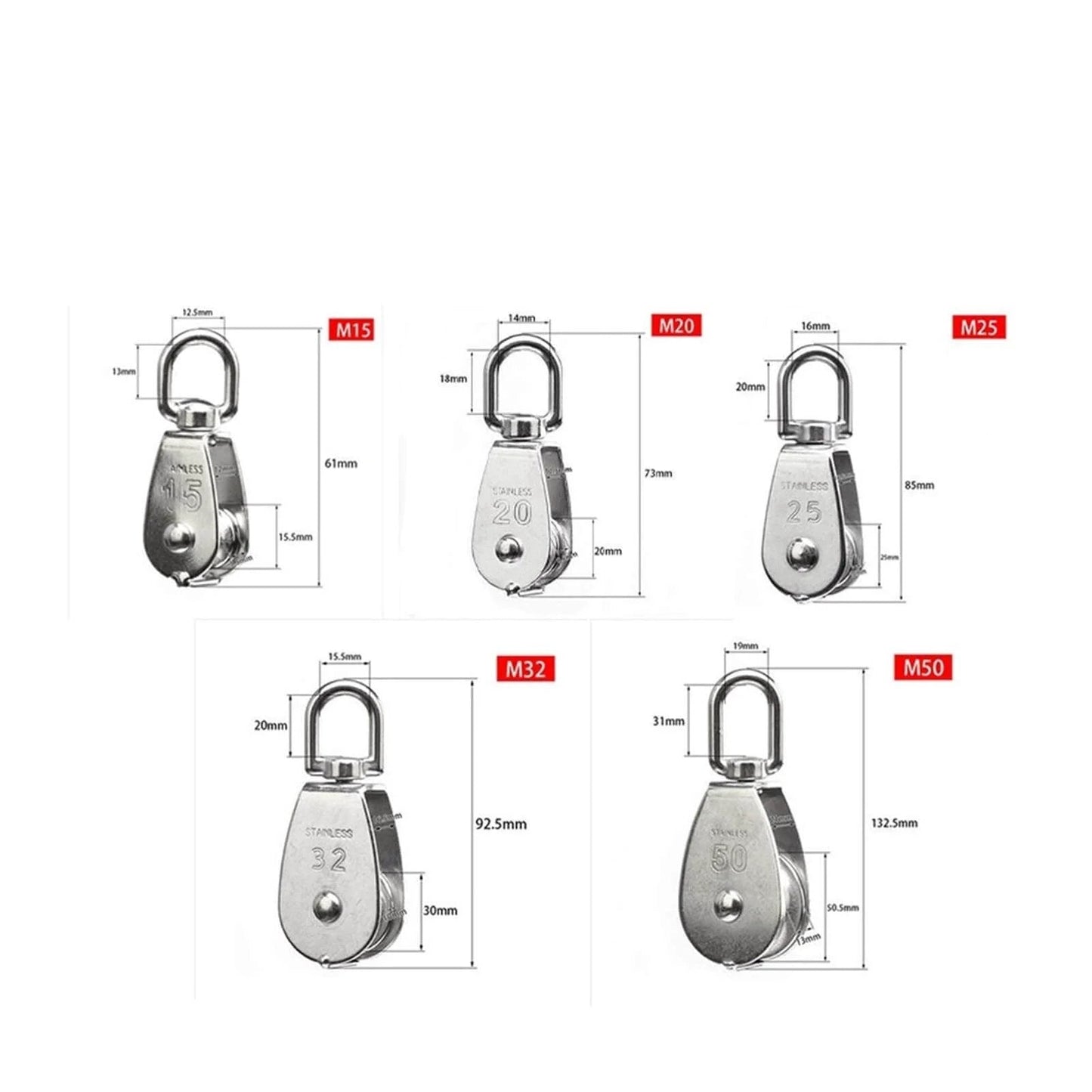 Five stainless steel pulleys in various sizes, including Stainless Steel Pulley M25 Single Wheel Rotary Lifting Rope Pulley Fishing Net Block Lifting Wheel Lifting Tool(M25)