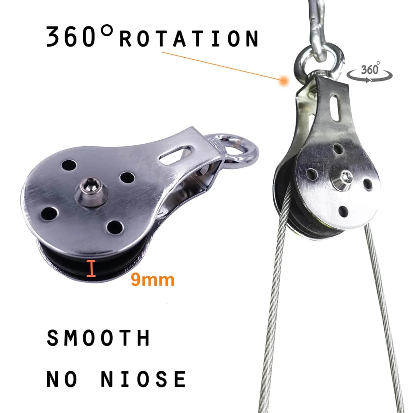 Pulley Wheel Stainless Steel Small Pulley Block 360 Degree Rotating Silent Cable Pully Load Bearing Mechanical Pulleys, Silver (Silver-2)