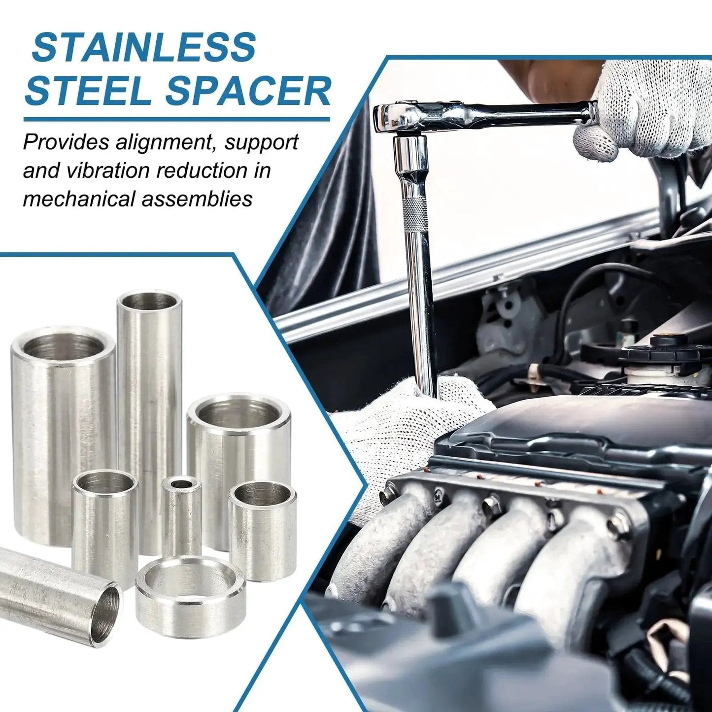 Durable 304 Stainless Steel Round Spacers 10 Pack Unthreaded Standoff Bushings in mechanical assembly with tools