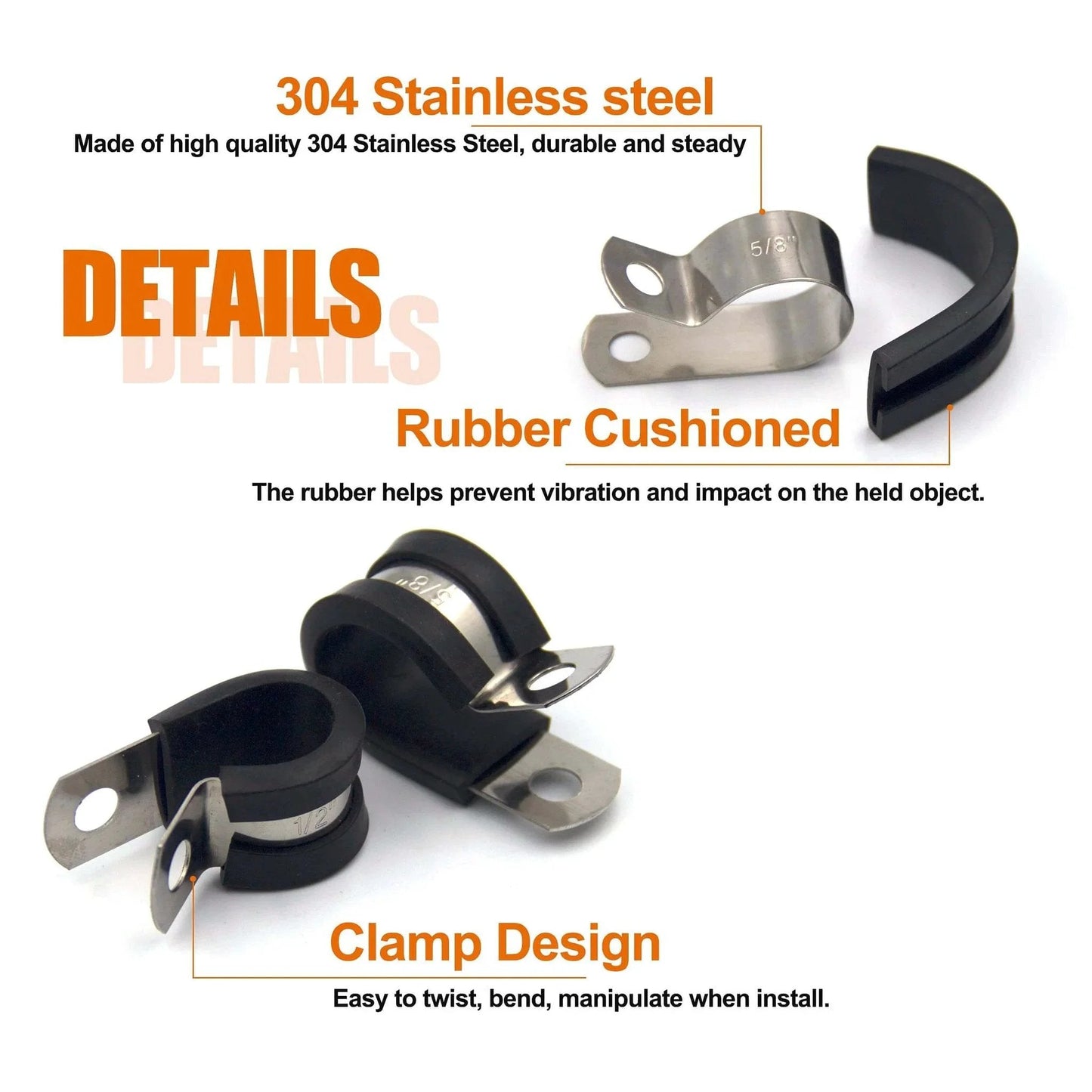 Close-up of 52 Piece Cable Clamps Assortment Kit With 304 Stainless Steel Rubber Cushioned Pipe Clamps, detailing materials and design.