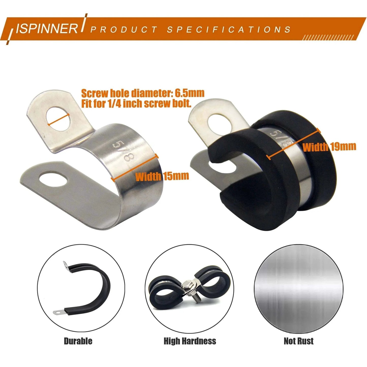 52 Piece Cable Clamps Assortment Kit With 304 Stainless Steel Rubber Cushioned Pipe Clamps In Six Sizes, front view of clamps.