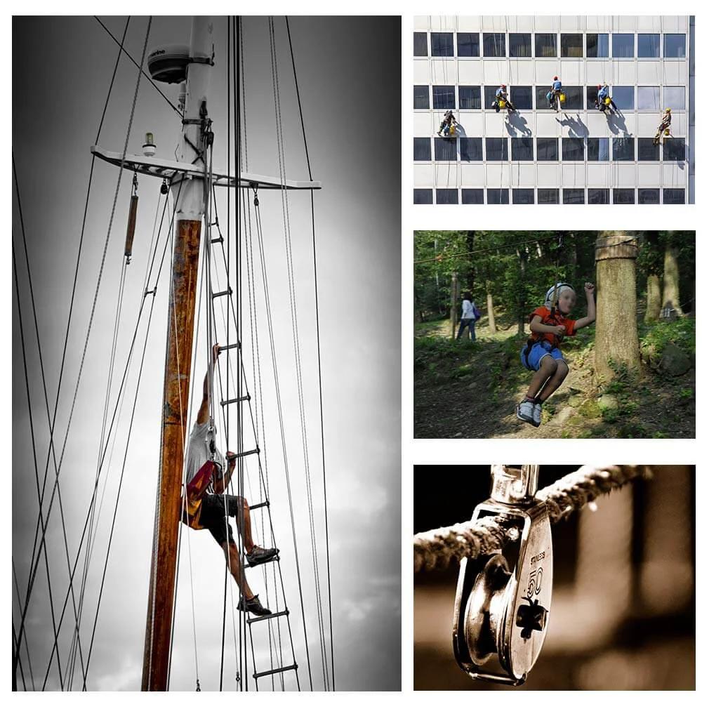 Collage showing uses of M50 Single Pulley Snatch Block 304 Stainless Steel Lifting Crane Swivel Hook, 3/8" Rope x 2" Sheave in action.