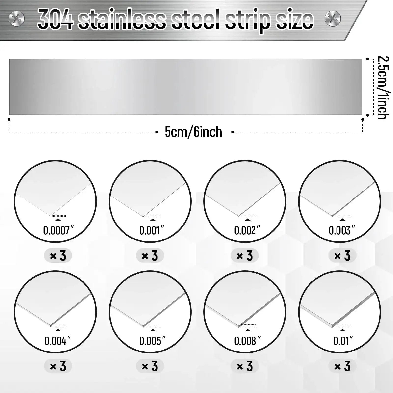 Sturdy 24 Piece 304 Stainless Steel Shim Stock Kit diagram showing 1 by 6 inch strips with various thickness sizes for precise DIY projects.