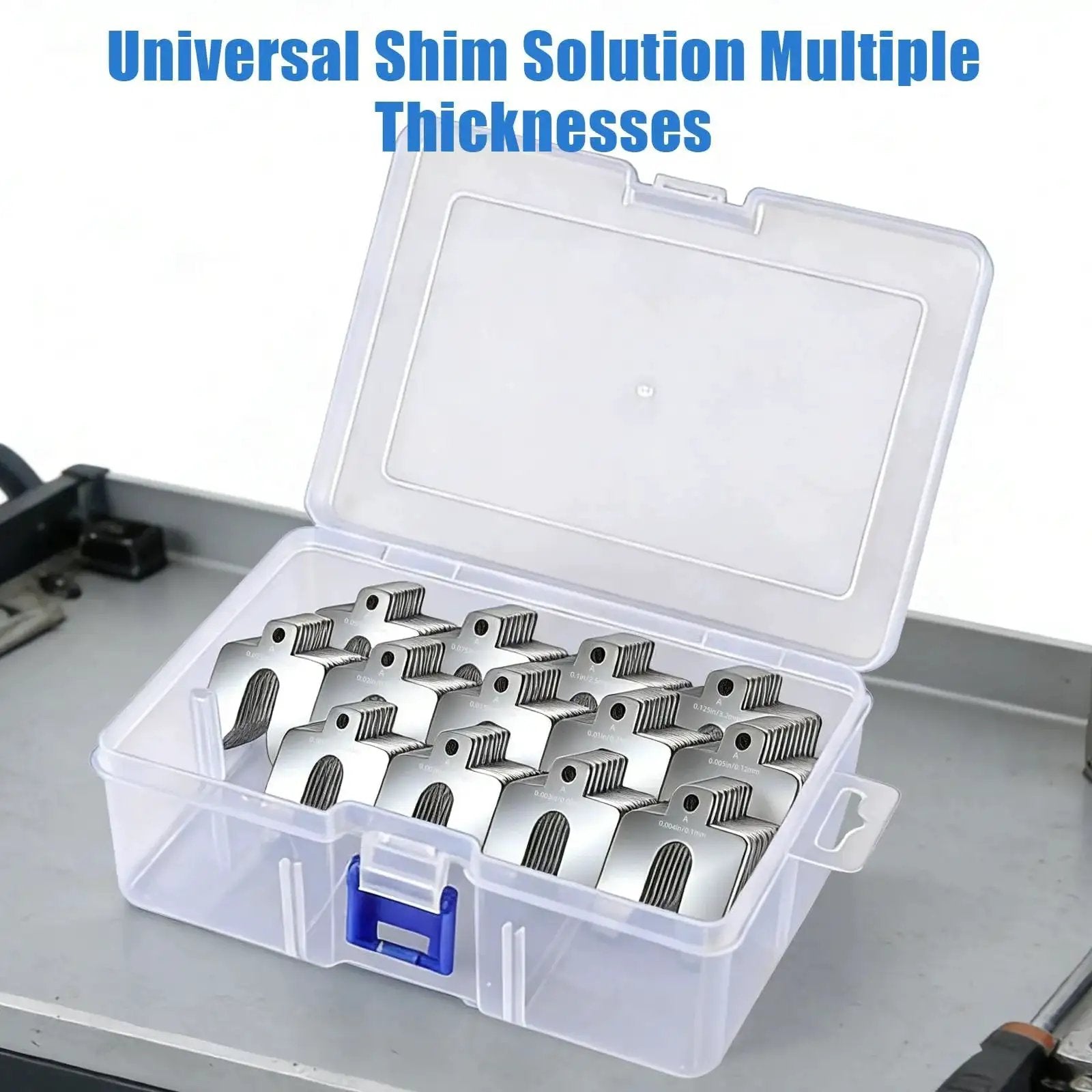 156 Piece Size A 2x2 Stainless Steel Slotted Shim Kit With Feeler Gauge And Storage Box open on table