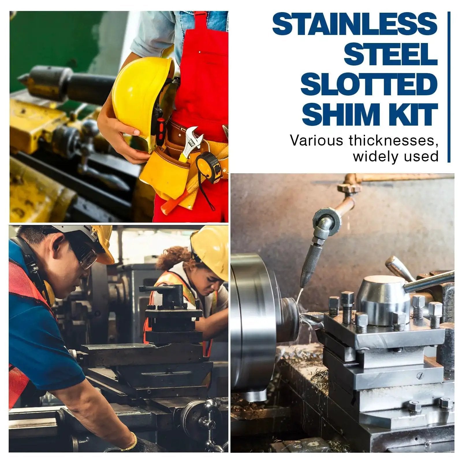 Workers using 260 Piece 2 By 2 Inch Stainless Steel Slotted Shim Set With Storage Box 13 Thicknesses For Leveling in machining.