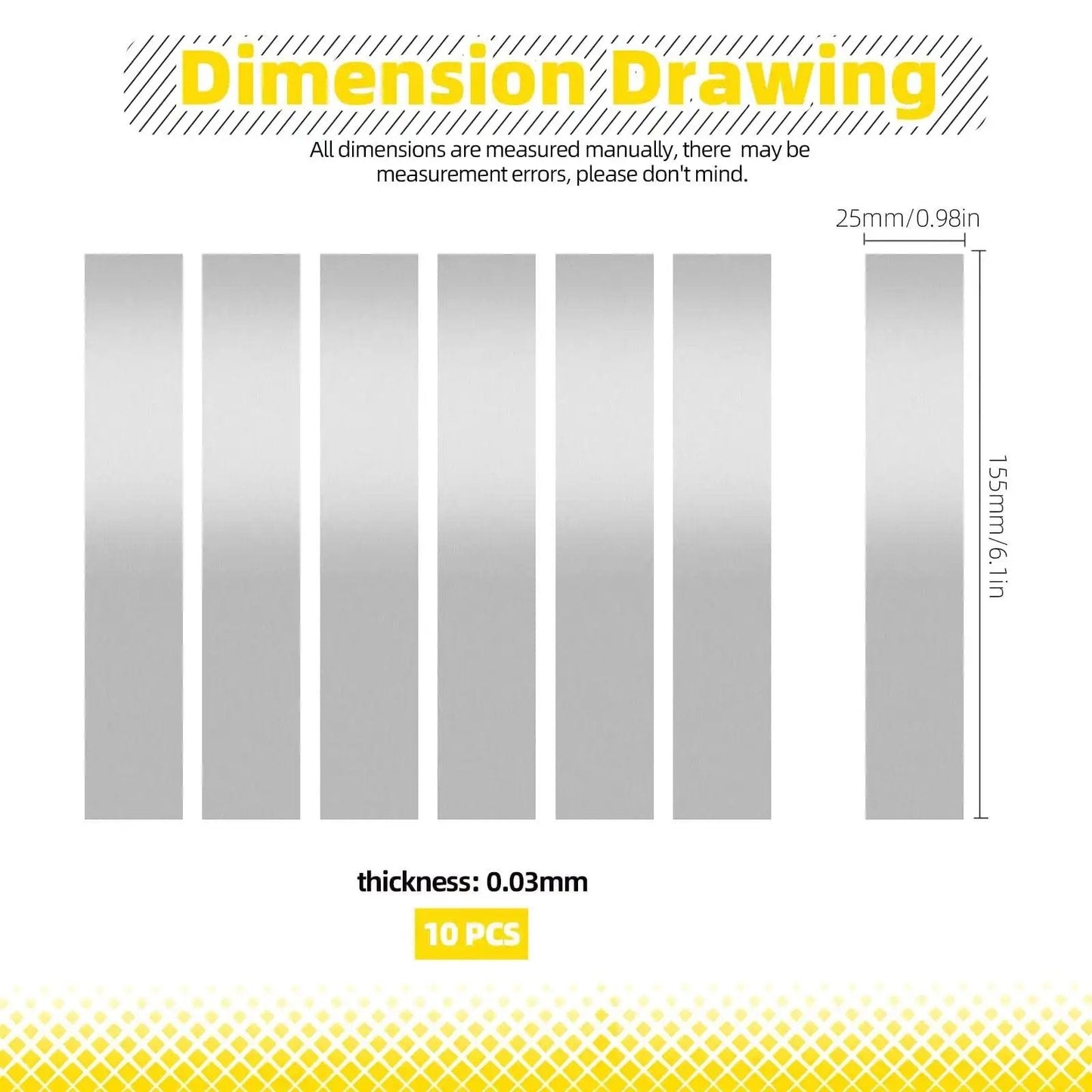 Dimension drawing of Stainless Steel Shim Stock Strips Set 10 Pieces 1 Inch Wide By 6 Inches Long 0.012 Inch Thick Pro Grade 304