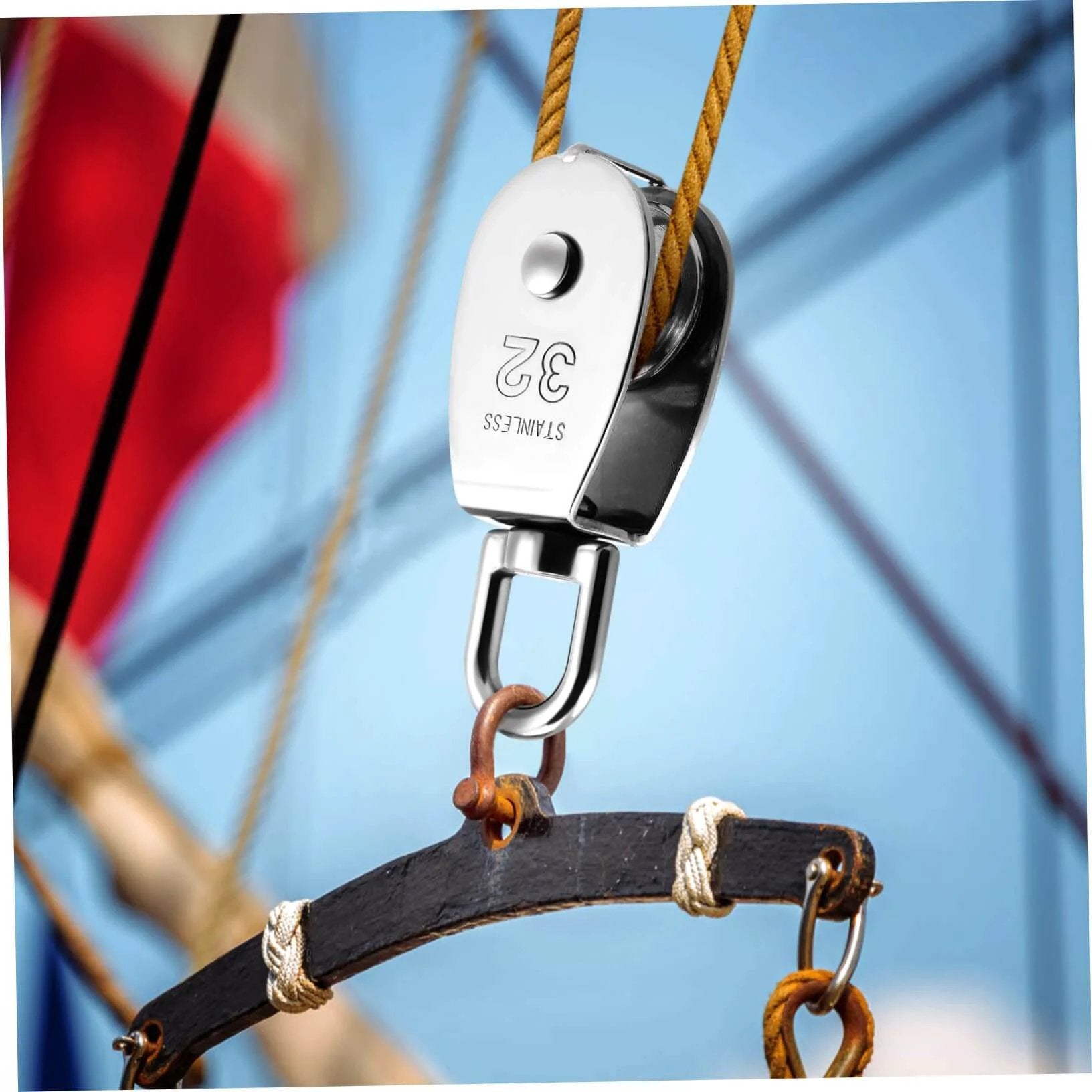 Close-up of 3pcs Stainless Steel Pulley Single Block Heavy Duty Cable Pulley for Rope Swivel Roller in use on a rigging setup.