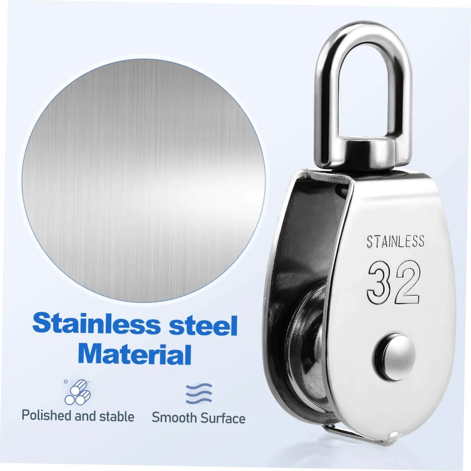 Close-up of polished 3pcs Stainless Steel Pulley Single Block Heavy Duty Cable Pulley for Rope Swivel Roller with material detail