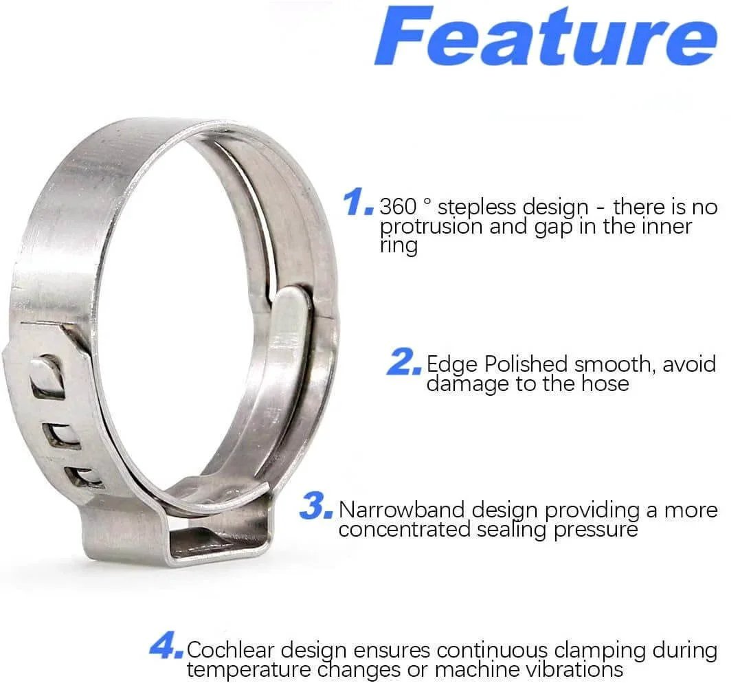 Fifty Pieces Stainless Steel 304 Single Ear Hose Clamps For Hoses From 10.8 To 13.3 Mm Three Eighths Inch Range Stepless