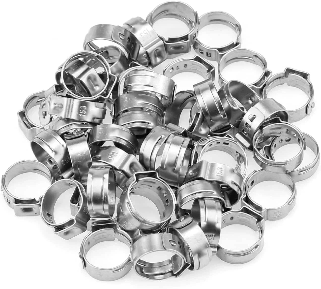 Fifty Pieces Stainless Steel 304 Single Ear Hose Clamps For Hoses From 10.8 To 13.3 Mm Three Eighths Inch Range Stepless Pinch Clamps