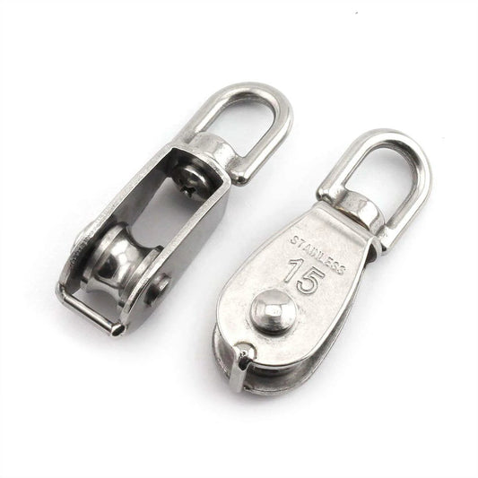 2-Pack M15 Single Pulley Block Stainless Steel Heavy Duty Hardware Single Wheel Swivel Rigging Lifting Wheel Fixed Pulley for Wire Rope Loading 35kg, front view showing detailed design and side by side comparison.