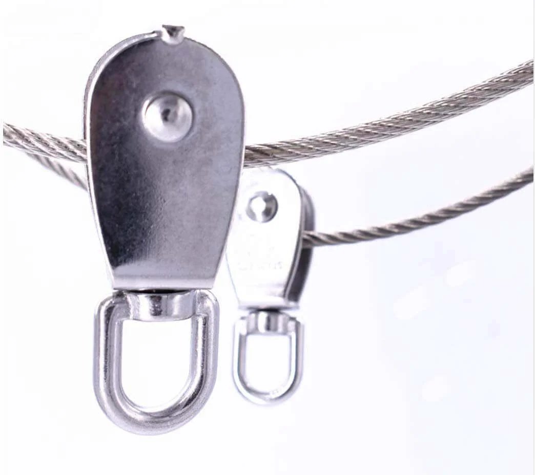 2-Pack M15 Single Pulley Block Stainless Steel Heavy Duty Hardware Single Wheel Swivel Rigging Lifting Wheel Fixed Pulley for Wire Rope Loading 35kg installed on wire rope
