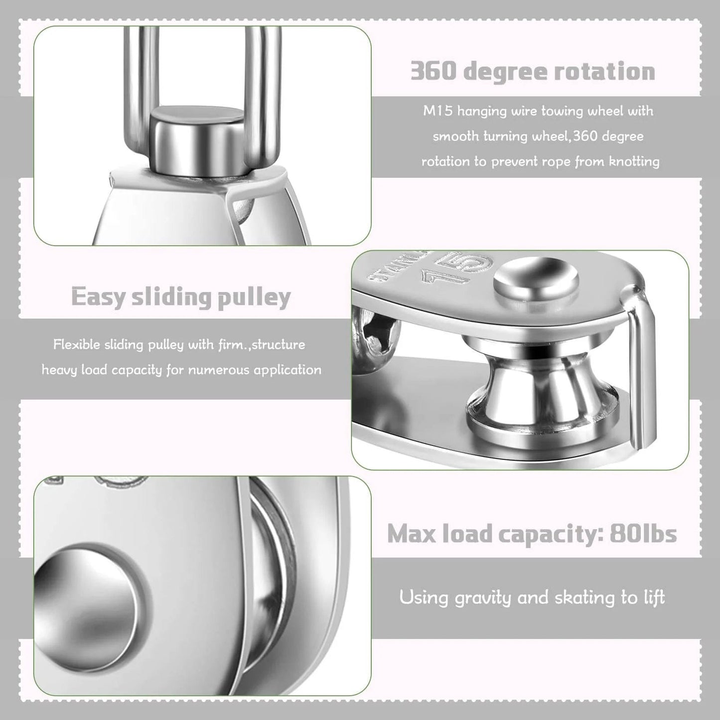 Close-up of 30 Pcs Single Pulley Block System 304 Stainless Steel Pulley Wheel Hanging Wire Towing Wheel with 30 Pcs Spring Snap Hook