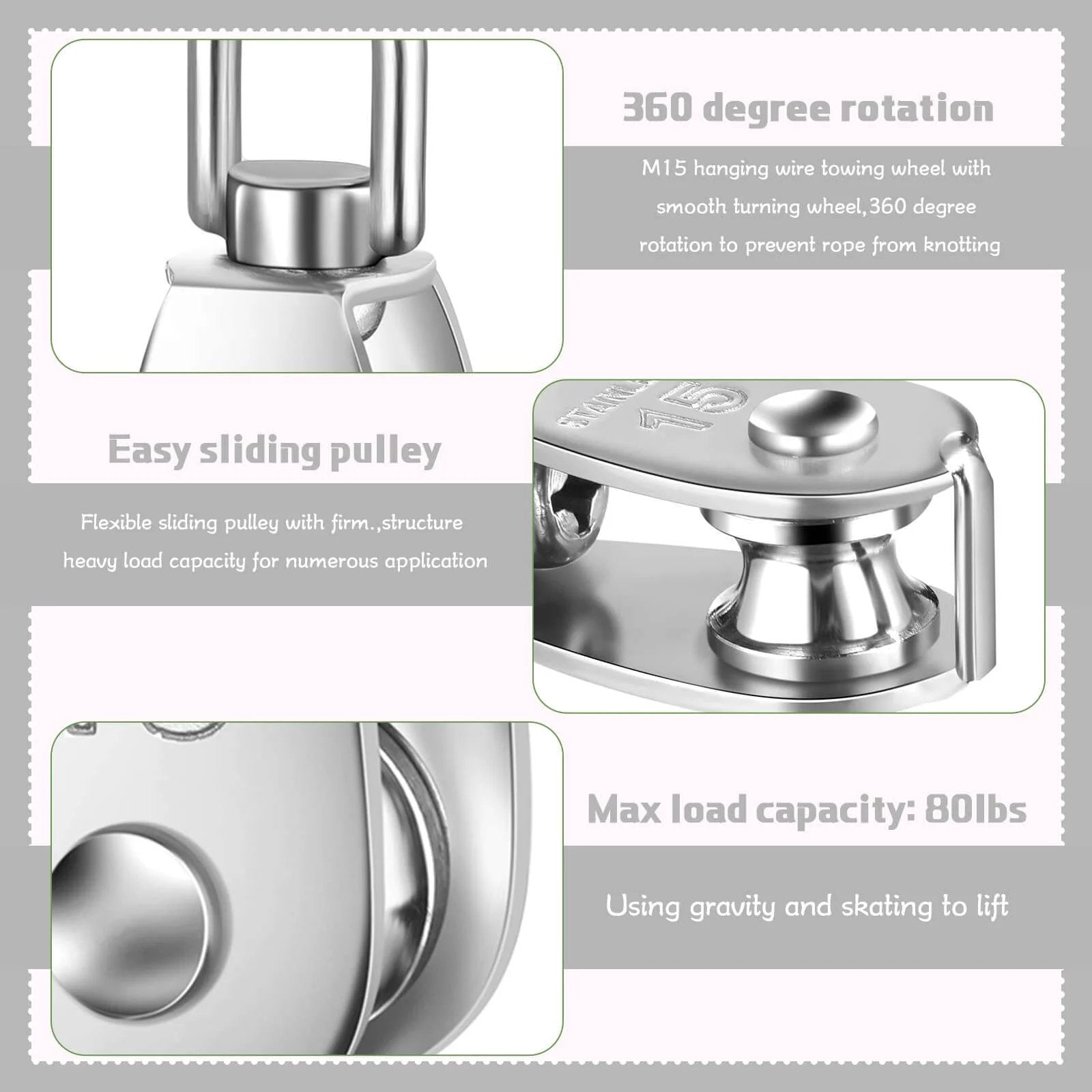 Close-up of 30 Pcs Single Pulley Block System 304 Stainless Steel Pulley Wheel Hanging Wire Towing Wheel with 30 Pcs Spring Snap Hook
