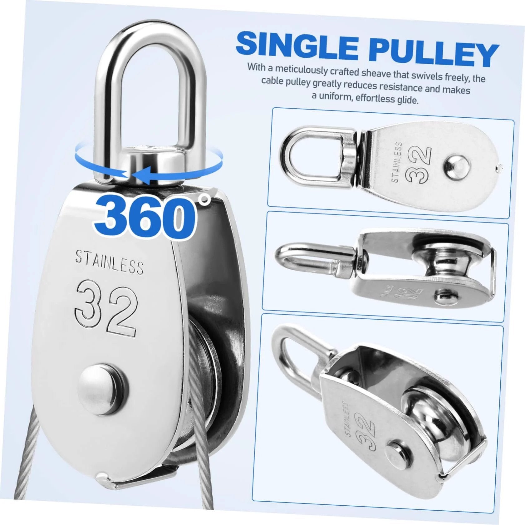 3pcs Stainless Steel Pulley Single Block Heavy Duty Cable Pulley for Rope Swivel Roller with multiple views.