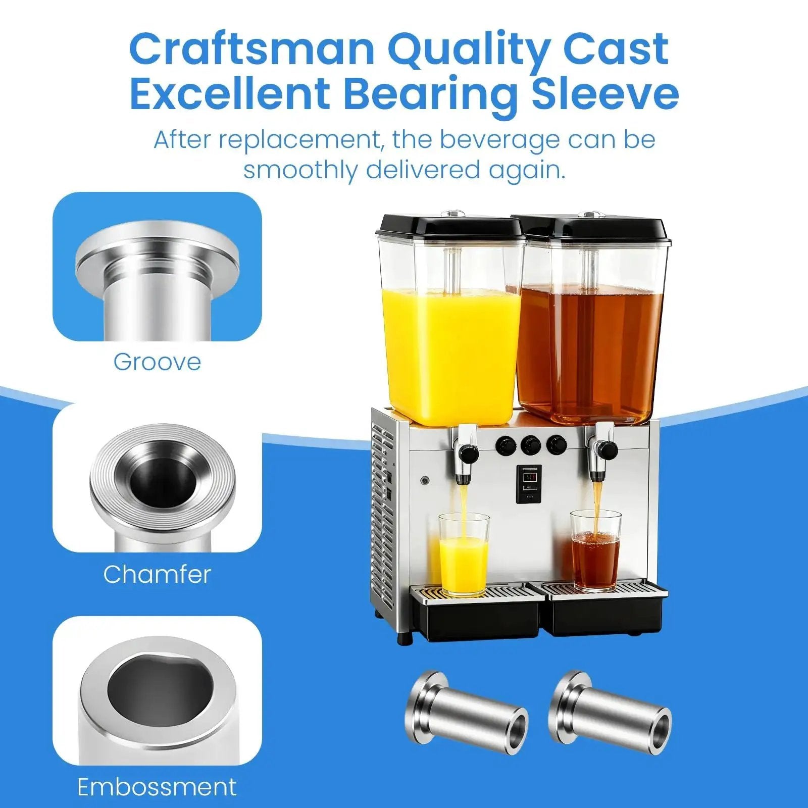 Six Pack 3220 Bearing Sleeve Replacement For Crathco D And E Series Beverage Dispensers with juicer and sleeve details