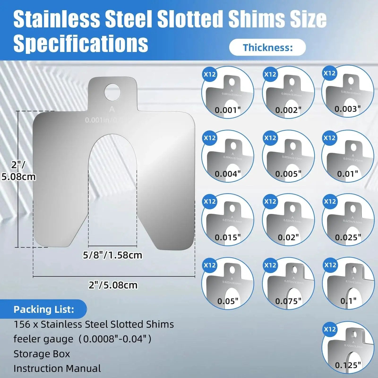 156 Piece Size A 2x2 Stainless Steel Slotted Shim Kit With Feeler Gauge And Storage Box, thickness details and measurements chart