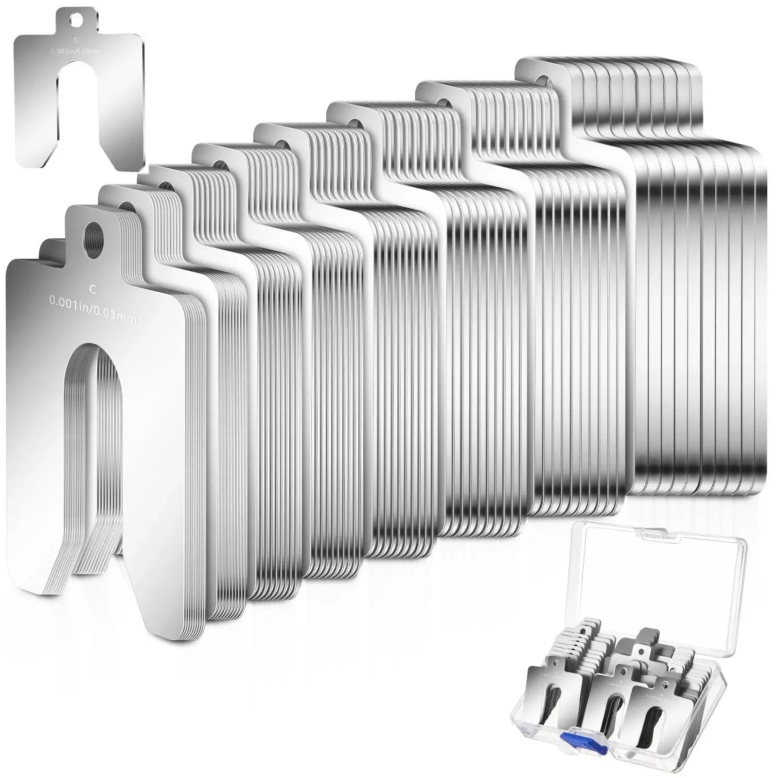 80 Piece Size C Slotted Shims Kit 4 Inch By 4 Inch Stainless Steel Precision Shims with storage box, eight thicknesses displayed.