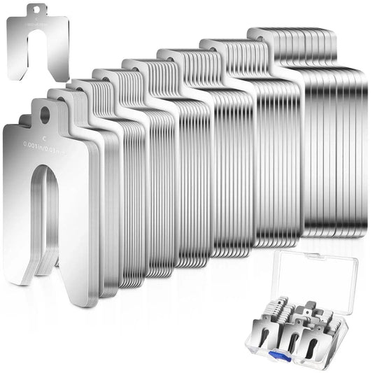 80 Piece Size C Slotted Shims Kit 4 Inch By 4 Inch Stainless Steel Precision Shims with storage box, eight thicknesses displayed.