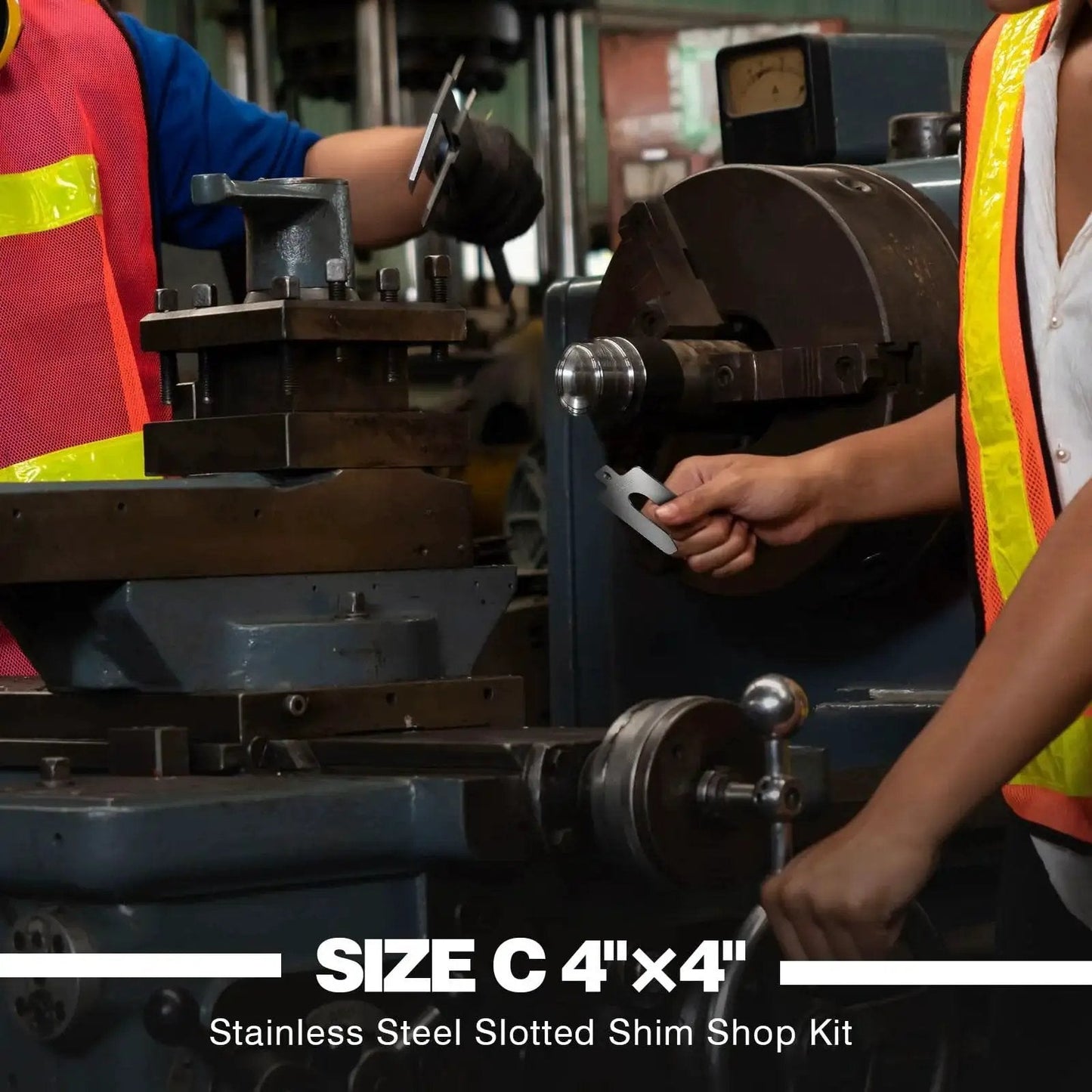 Workers using 80 Piece Size C Slotted Shims Kit 4 Inch By 4 Inch Stainless Steel Precision Shims for leveling in shop