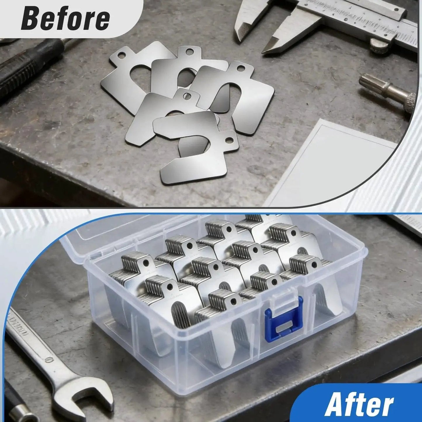 156 Piece Size A 2x2 Stainless Steel Slotted Shim Kit With Feeler Gauge And Storage Box on workbench, before and after view