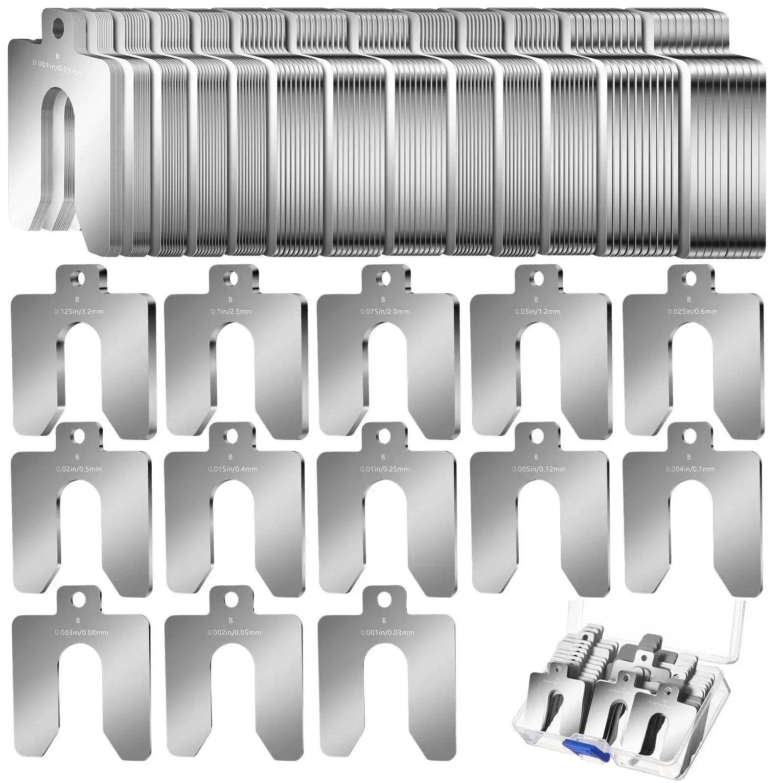 Stainless Steel Slotted Shims Kit 260 Piece Set With Storage Box, featuring various shim thicknesses for leveling and alignment.