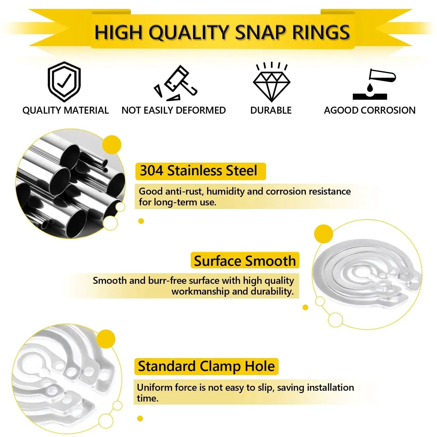 Infographic showing features of 325 Piece Snap Ring Set For Axles And Shafts External Circlips C Clip Assortment Kit