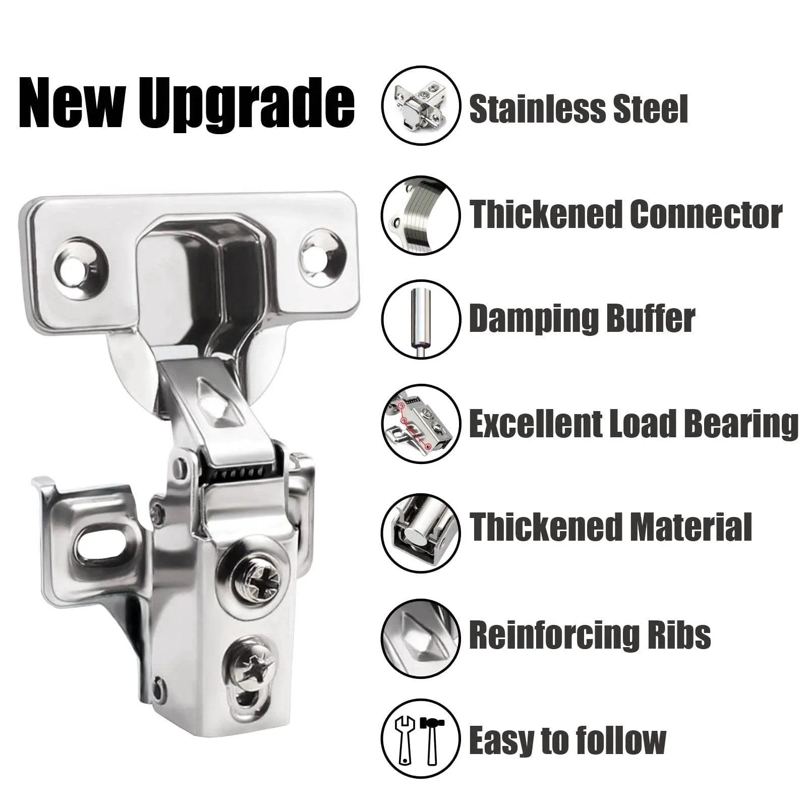 Close-up of stainless steel 24 Pack Half Inch Overlay Soft Close Cabinet Hinges with features like dampening buffer and thickened material