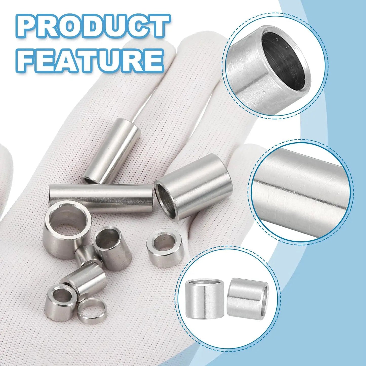 Built Tough 12 Pack Stainless Steel Spacers Set With 10mm ID By 12mm OD By 10mm Height, displayed on white glove.