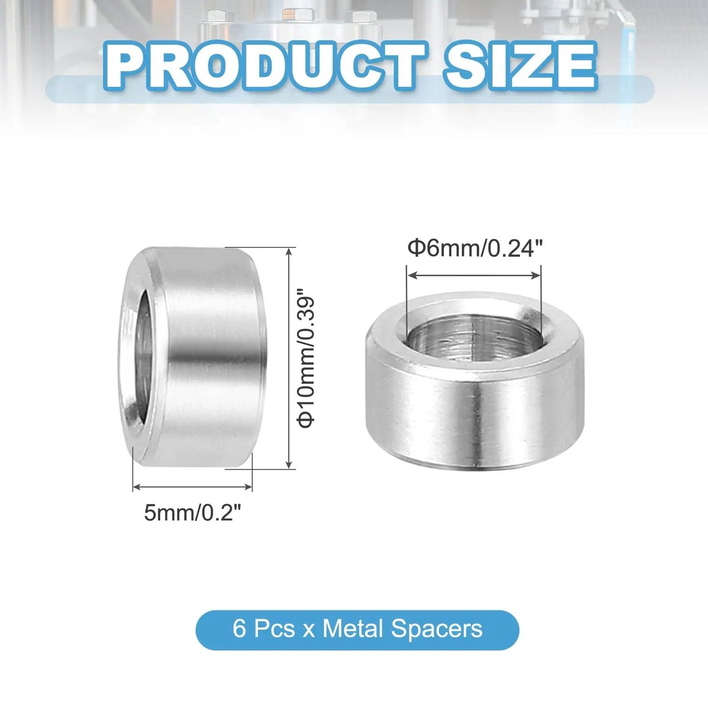 Durable Stainless Steel Spacers Kit For One Quarter Inch Screws And M6 Bolts, 6mm ID x 10mm OD x 5mm thickness shown.